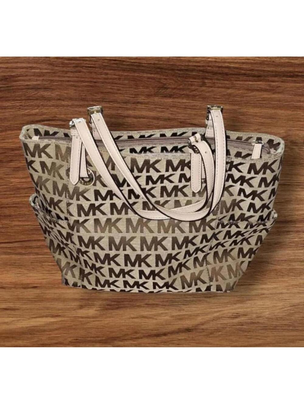 Designer Michael Kors monogram logo purse bag pockets tan brown cloth